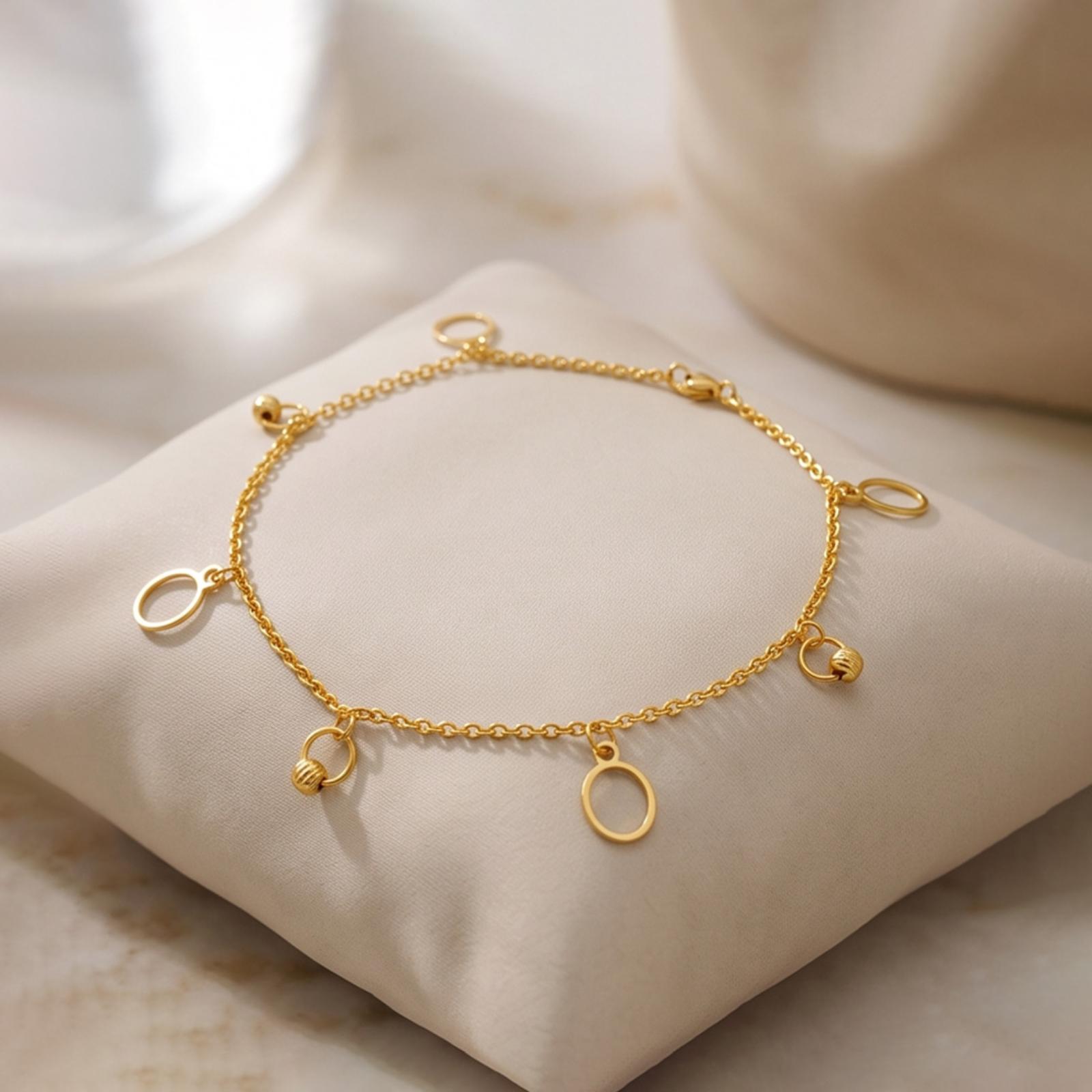21K Yellow Gold Open-Circle Textured Bead Charm Bracelet - Image 3