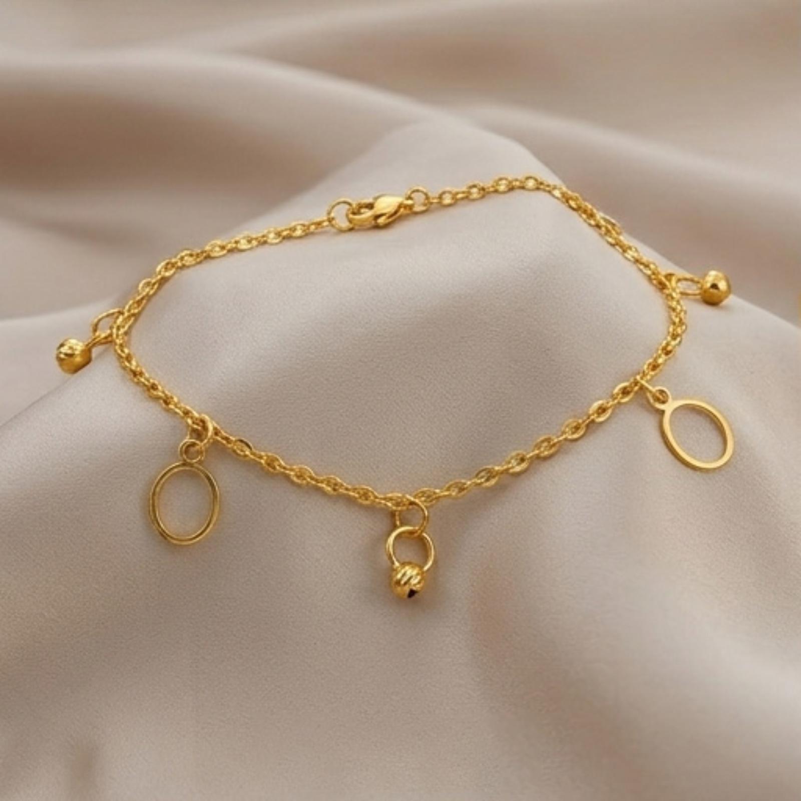 21K Yellow Gold Open-Circle Textured Bead Charm Bracelet - Image 4