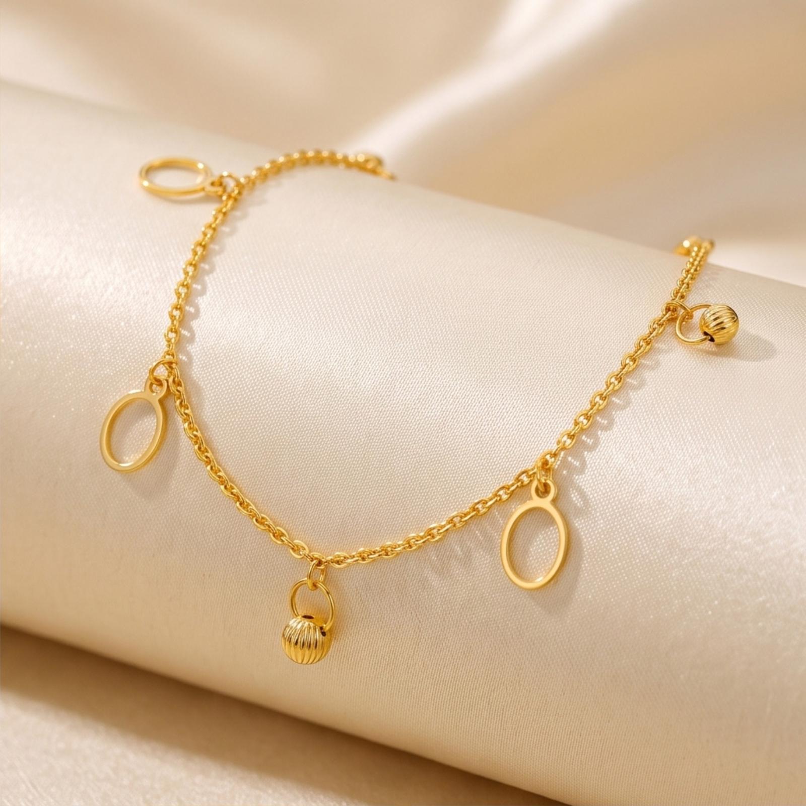 21K Yellow Gold Open-Circle Textured Bead Charm Bracelet - Image 6