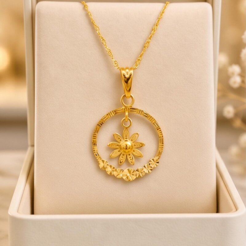 Elegant Flower Shape Pendant with Chain in 21K Gold | Bafleh Jewellery