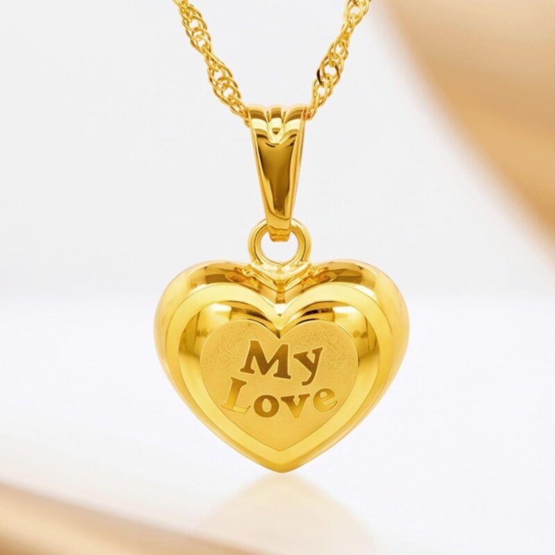 Elegant 21K Gold Heart Shape Pendant with Chain  Available at Bafleh Jewellery