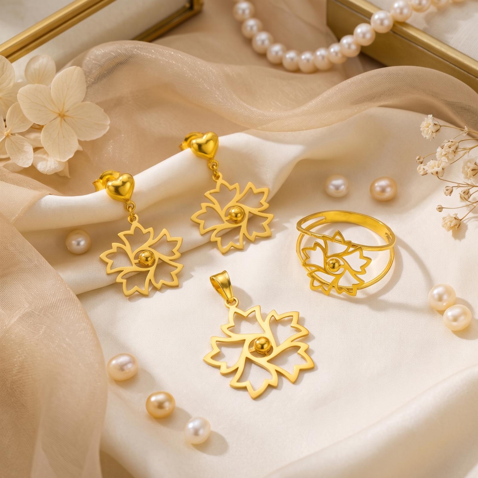 Bafleh Jewellery 21K Gold Floral Cut-Out Pendant Set with Earrings, Ring - Image 5