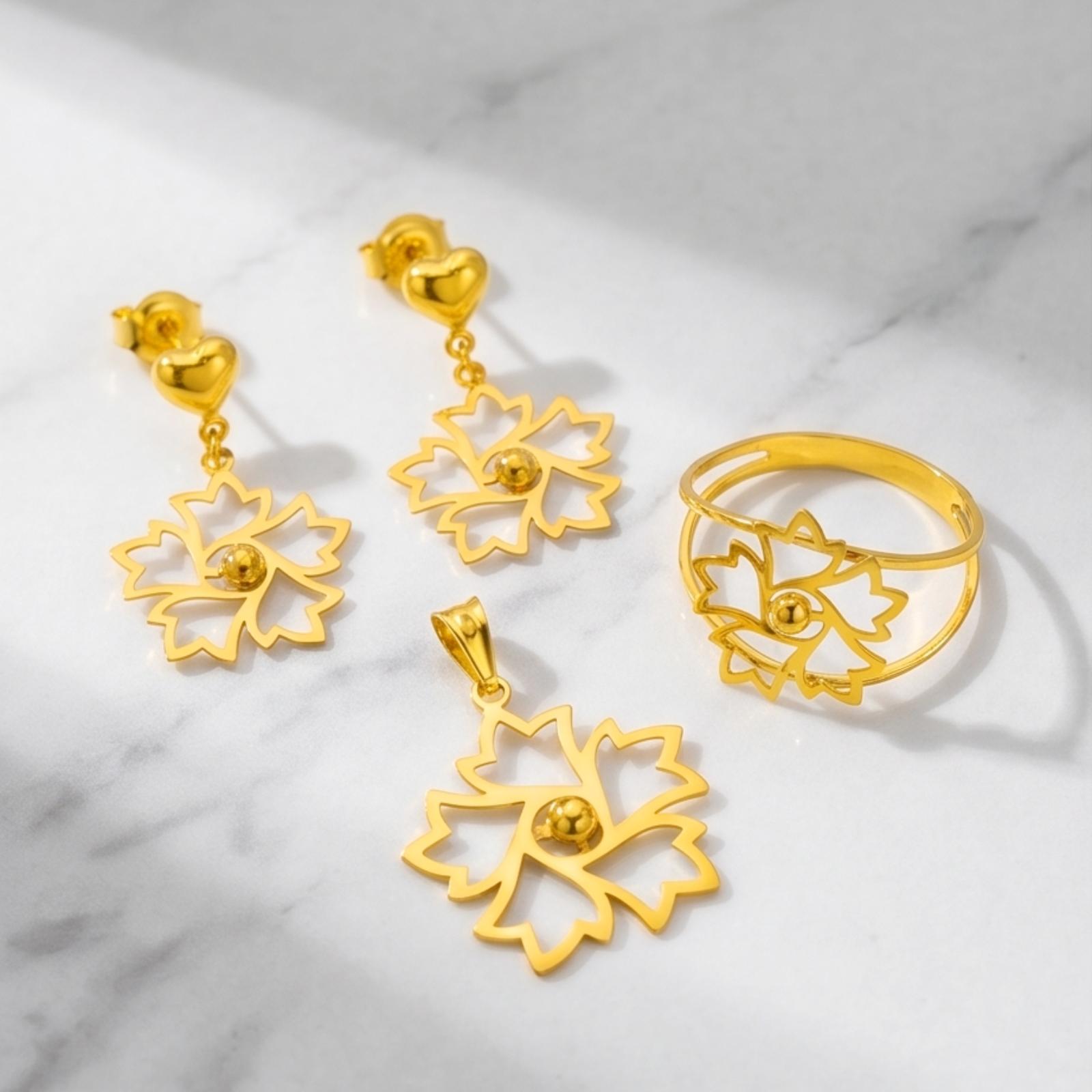 Bafleh Jewellery 21K Gold Floral Cut-Out Pendant Set with Earrings, Ring
