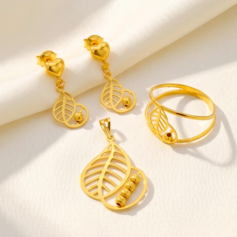 Bafleh Jewellery 21K Yellow Gold Leaf Pendant Set with Ring and Earrings