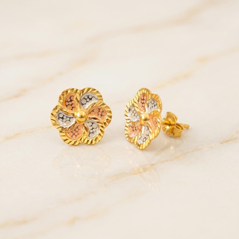 22K Three-Tone Gold Dotted Laser Cut Flower Studs