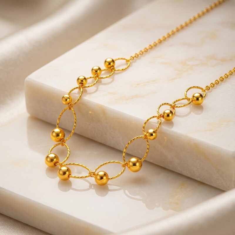 Bafleh Jewellery 21K Yellow Gold Interlocking Oval Link  Gold Bead Station Necklace
