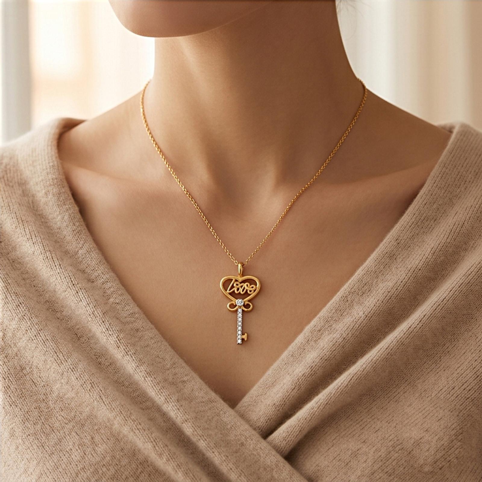Certified Natural Diamond Heart & Key Pendant in 18K Yellow Gold Elegant Design by Bafleh Jewellery - Image 4