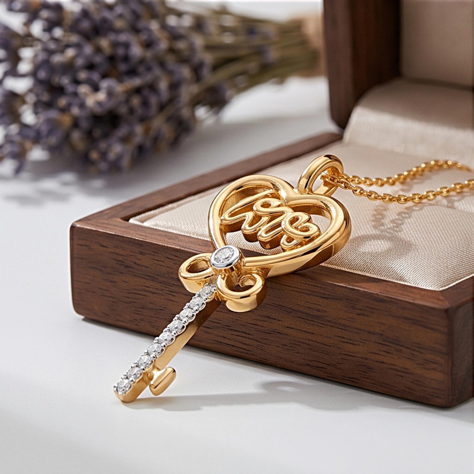 Certified Natural Diamond Heart & Key Pendant in 18K Yellow Gold Elegant Design by Bafleh Jewellery - Image 5
