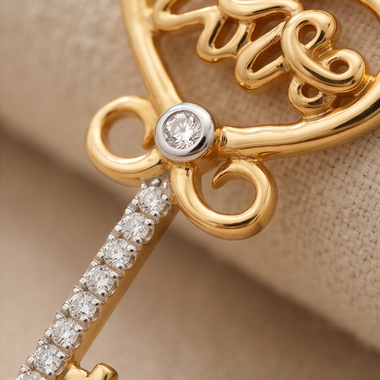Certified Natural Diamond Heart & Key Pendant in 18K Yellow Gold Elegant Design by Bafleh Jewellery - Image 2