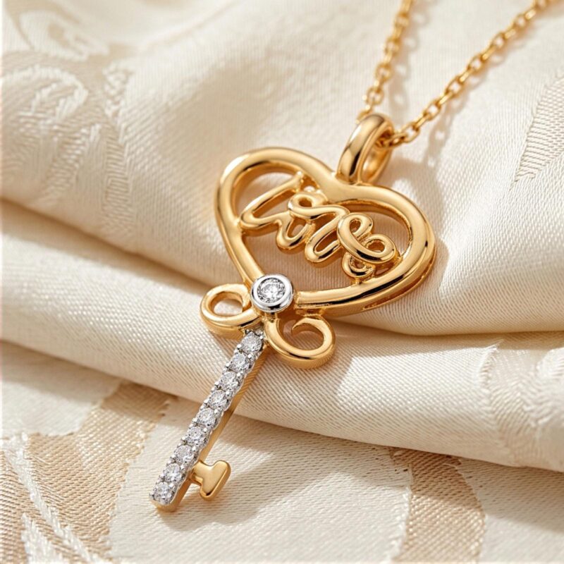 Certified Natural Diamond Heart & Key Pendant in 18K Yellow Gold Elegant Design by Bafleh Jewellery