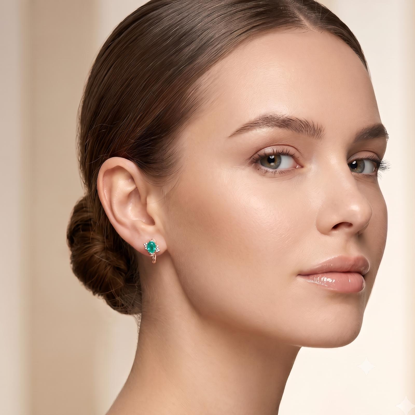 Luxury Emerald & Diamond Hoop Earrings in 18K Rose Gold | Natural Diamonds | Available at Bafleh Jewellery - Image 5