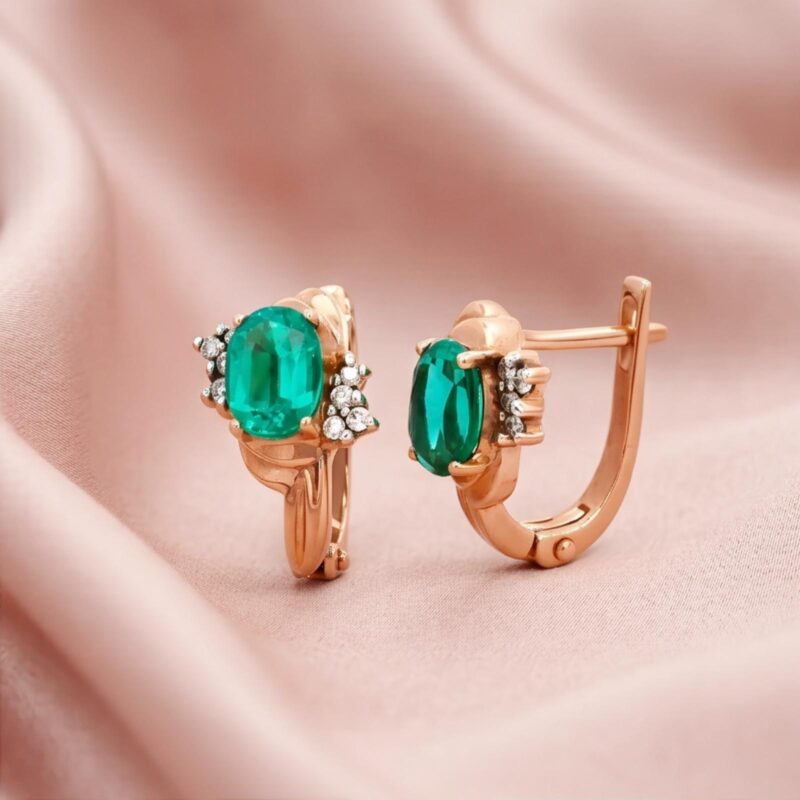 Luxury Emerald & Diamond Hoop Earrings in 18K Rose Gold | Natural Diamonds | Available at Bafleh Jewellery