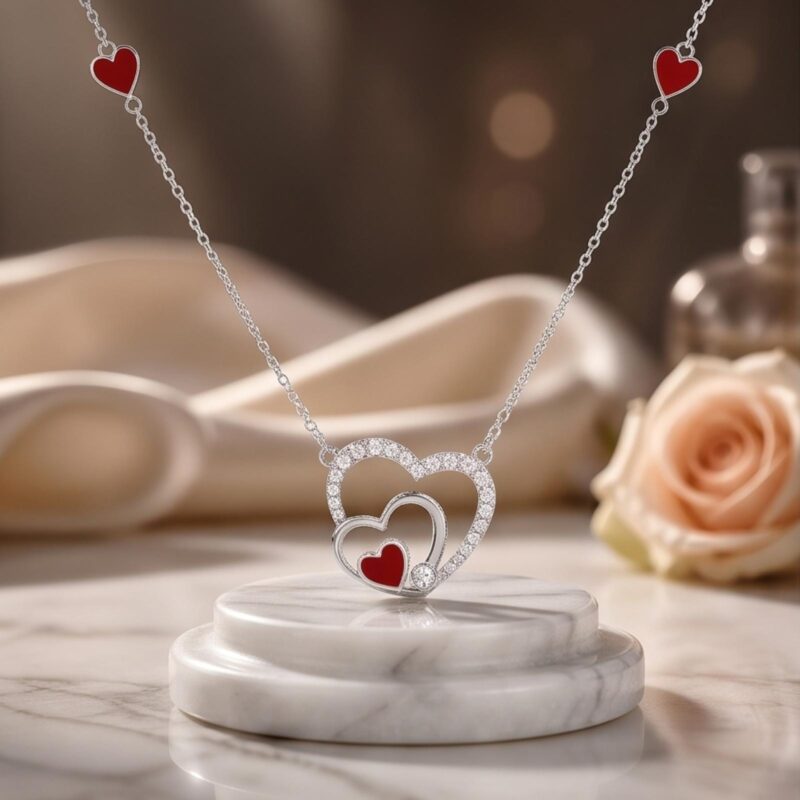 18K White Gold Heart Shape Natural Diamond Necklace by Bafleh Jewellery