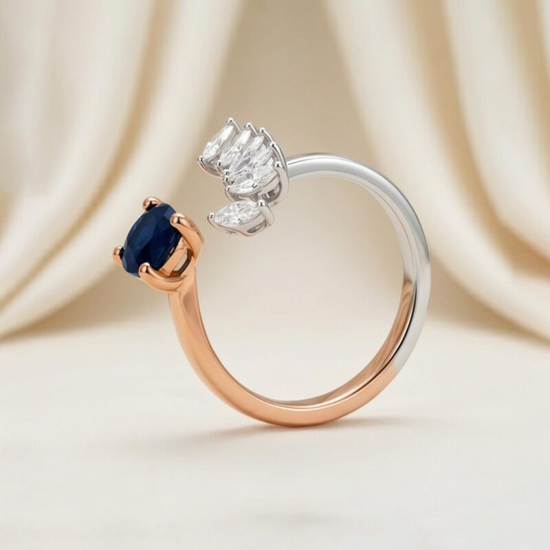 Contemporary Luxury 18K White & Rose Gold Ring with Blue Sapphire and Natural Diamonds Bafleh Jewellery Exclusive