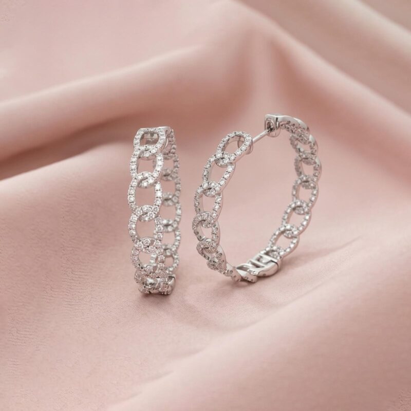 Modern Luxury 18K White Gold Hoop Earrings with Natural Diamond Sparkle Only at Bafleh Jewellery