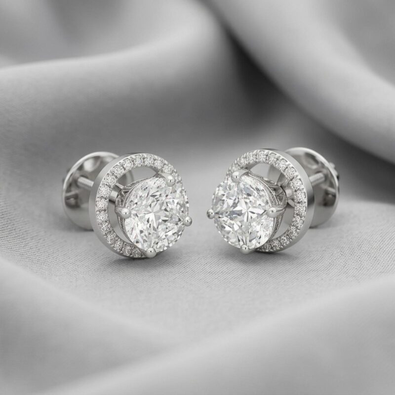 Beautiful 18K Gold Stud Earrings with Natural Diamonds in White Gold| Luxury Collection at Bafleh Jewellery