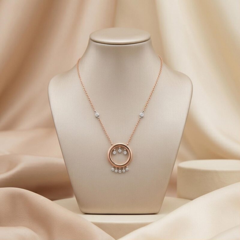 Luxurious 18K Rose Gold Round Shape Natural Diamond Necklace Crafted with Brilliant Natural Diamonds Signature Design by Bafleh Jewellery
