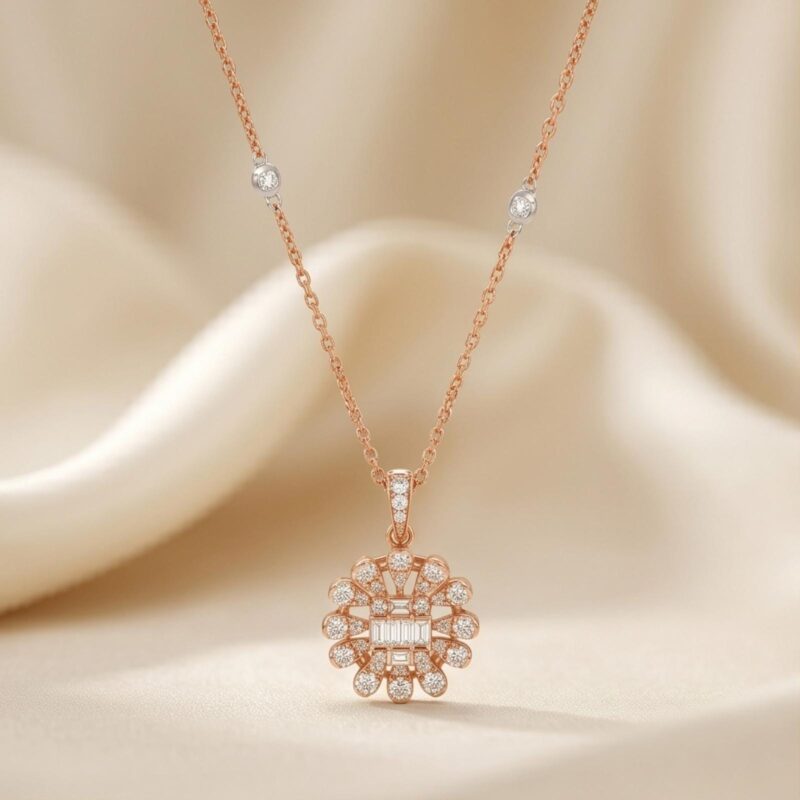 Luxury 18K Rose Gold Flower Diamond Pendant Necklace