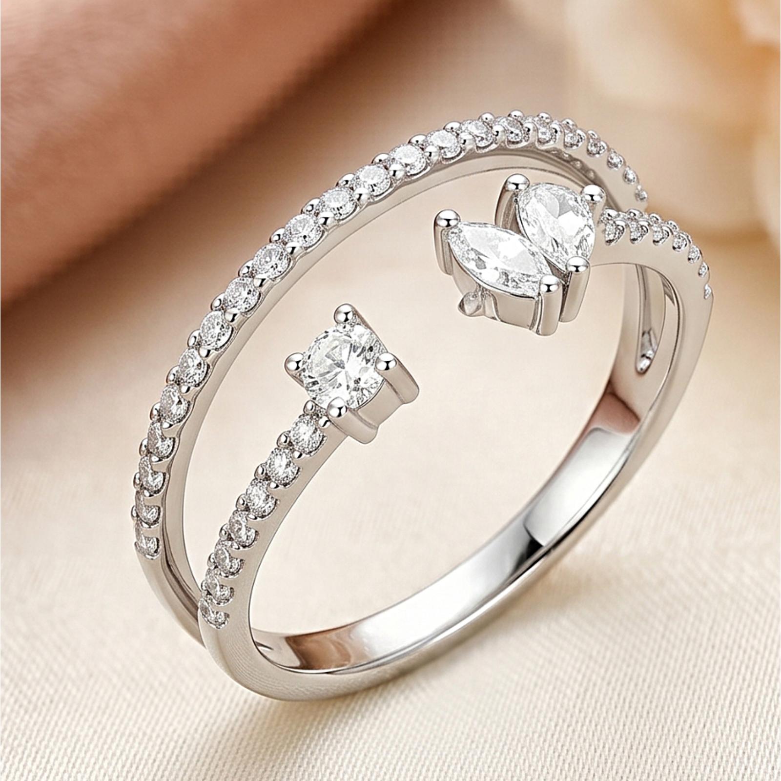 Elegant 18K White Gold Double Layer Diamond Ring | Certified Natural Diamonds | Bafleh Jewellery