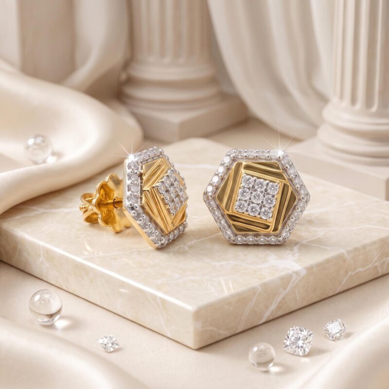 Bafleh Jewellery 18K  Gold Hexagon Diamond Cluster Stud Earrings