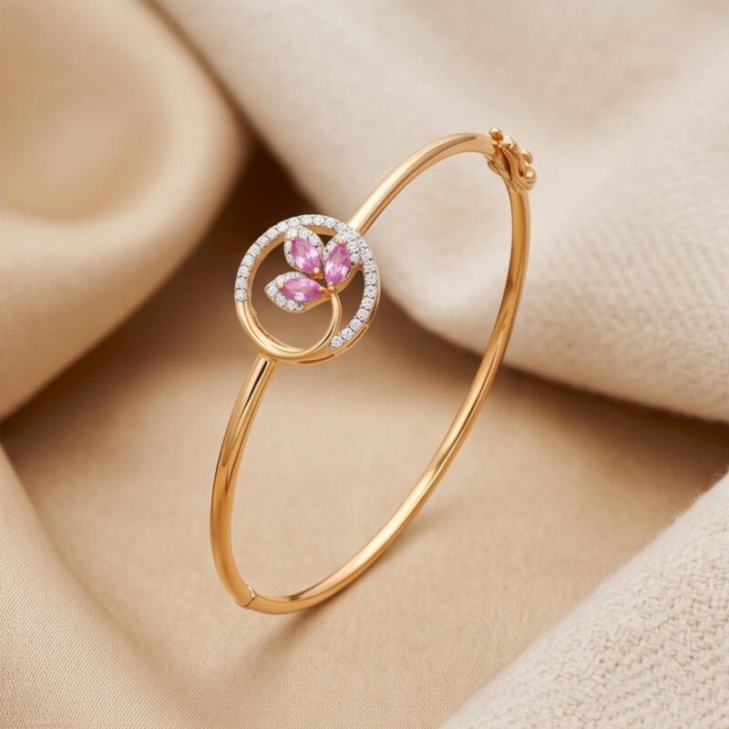 Elegant 18K Gold Bangle Featuring Beautiful Pink Stone Flower with Sparkling Natural Diamonds