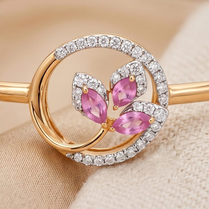 Alternative view of Elegant 18K Gold Bangle Featuring Beautiful Pink Stone Flower with Sparkling Natural Diamonds