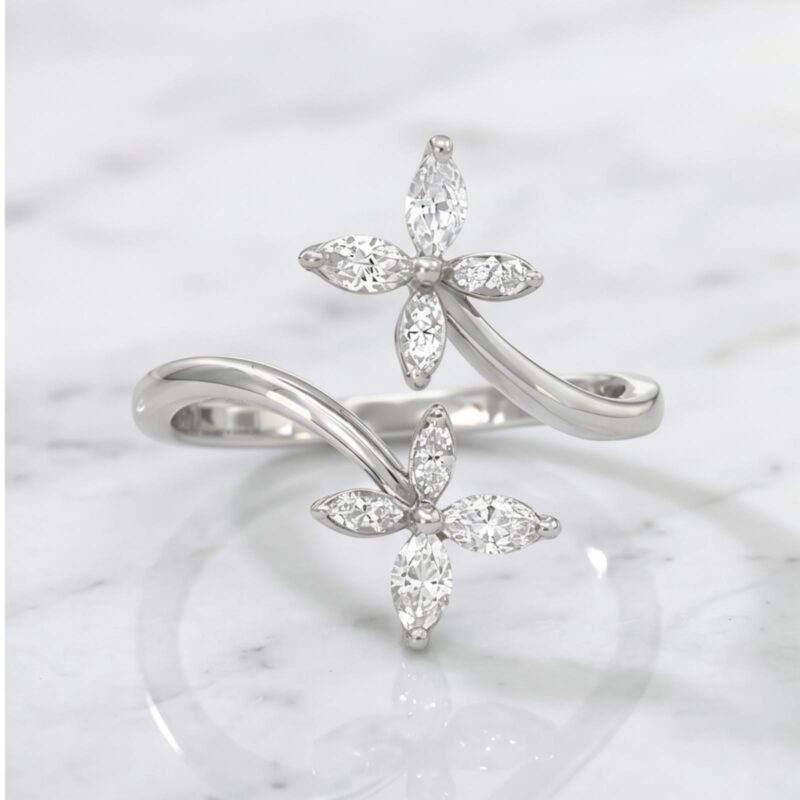 Two Flower Design 18K White Gold Diamond Ring  Natural Diamonds with IGI Certificate Available at Bafleh