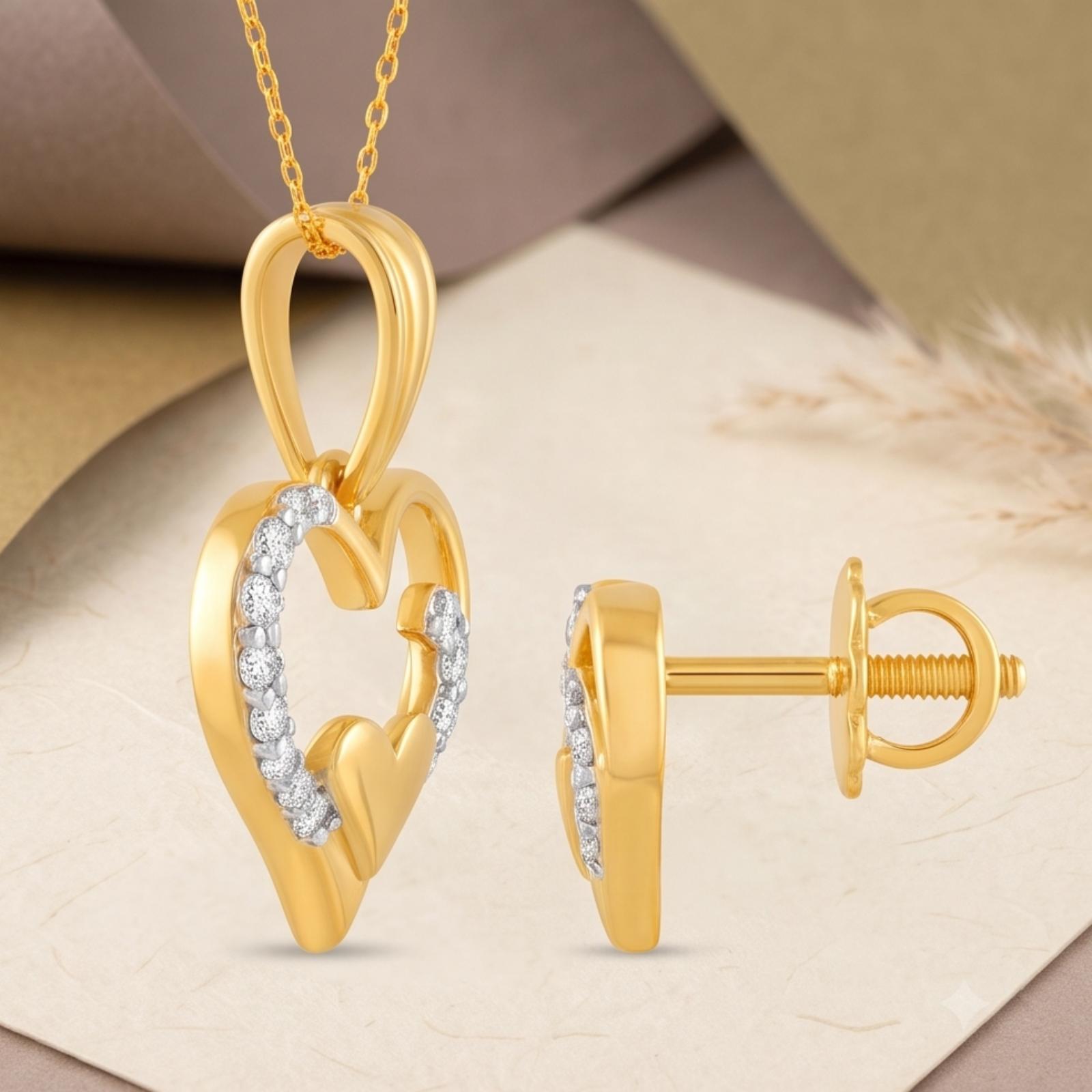 Heart Shape 18K Gold Diamond Necklace with Matching Earrings | Special Price by Bafleh Jewellery - Image 2