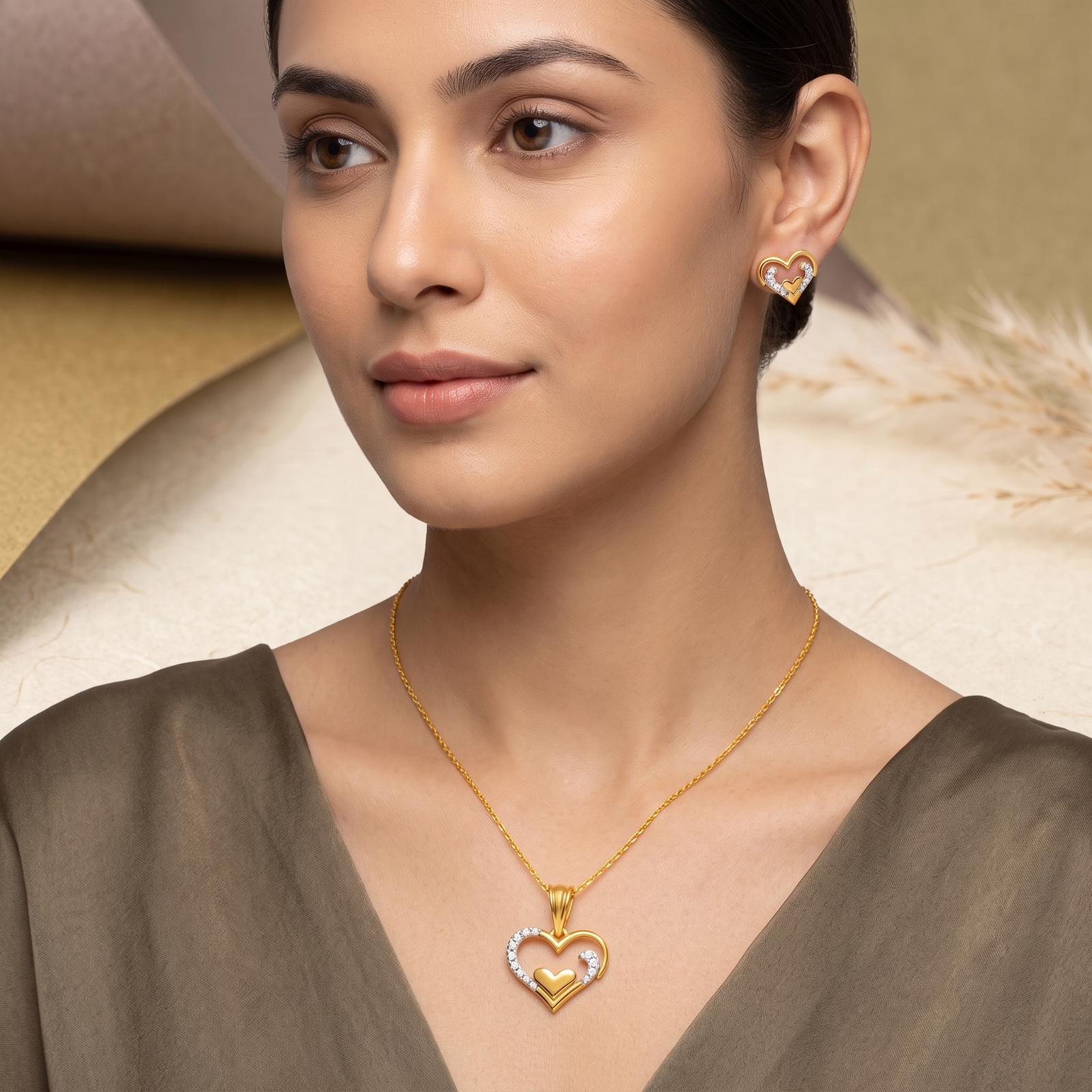 Heart Shape 18K Gold Diamond Necklace with Matching Earrings | Special Price by Bafleh Jewellery - Image 4