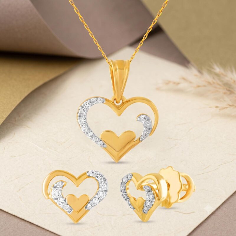 Heart Shape 18K Gold Diamond Necklace with Matching Earrings | Special Price by Bafleh Jewellery