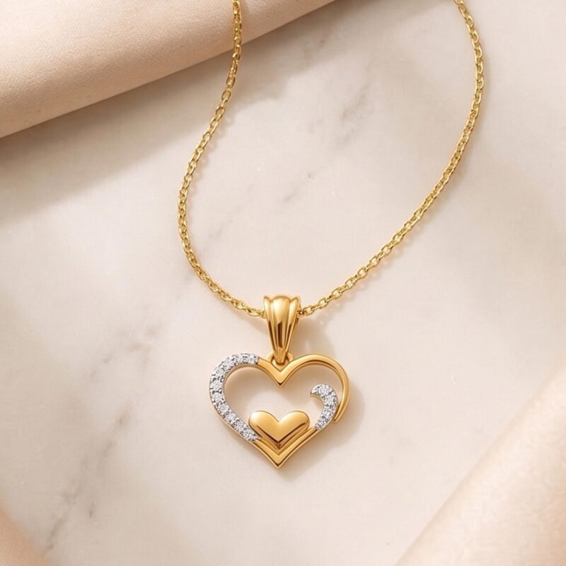 Elegant 18K Yellow Gold Heart Shape Natural Diamond Necklace Bafleh Jewellery