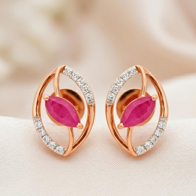 Radiant Ruby Stone Earrings with Natural Diamonds | 18K Rose Gold Elegance
