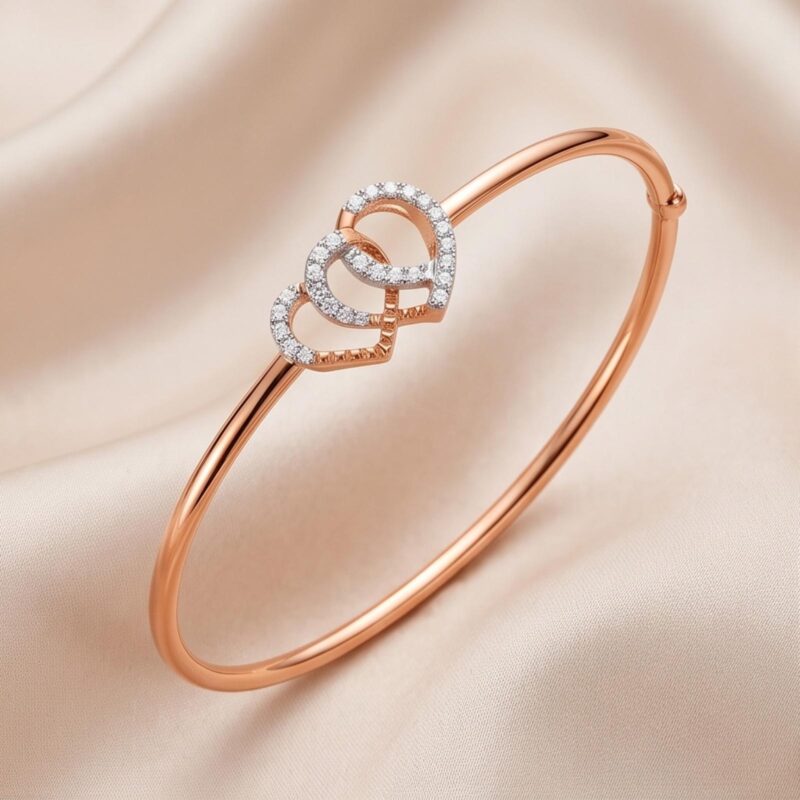 Elegant Double Heart Diamond Bangle in 18K Rose Gold |A Symbol of Eternal Love