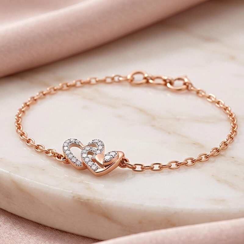 Romantic 18K Rose Gold Double Heart Diamond Bracelet Certified Natural Diamonds | Lightweight Everyday Luxury by Bafleh Jewellery