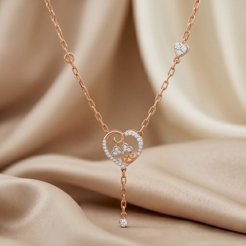 Classic Heart Shape Natural Diamond Necklace in 18K Rose Gold