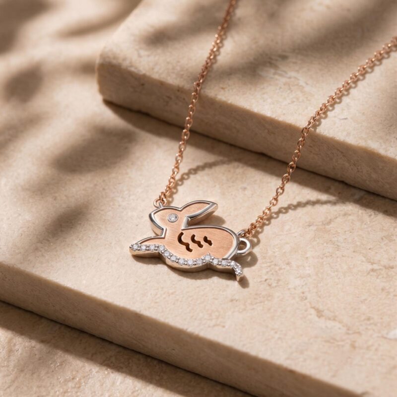 18K Rose Gold Rabbit Shape Natural Diamond Necklace Bafleh Jewellery Exclusive