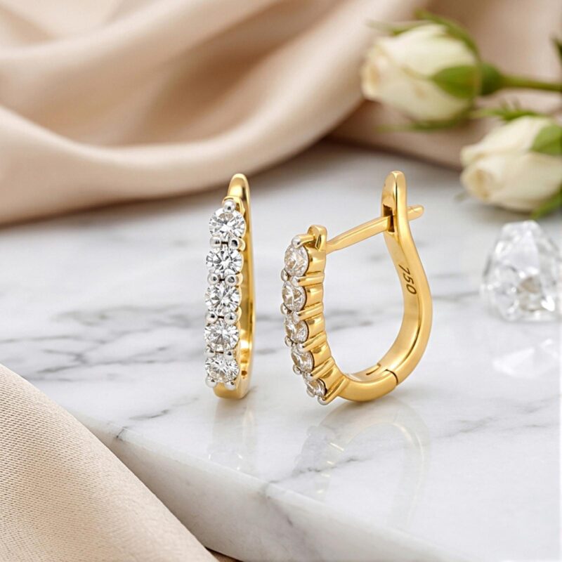Modern 18K Yellow Gold Natural Diamond Hoop Earrings | IDT Certified by Bafleh Jewellery
