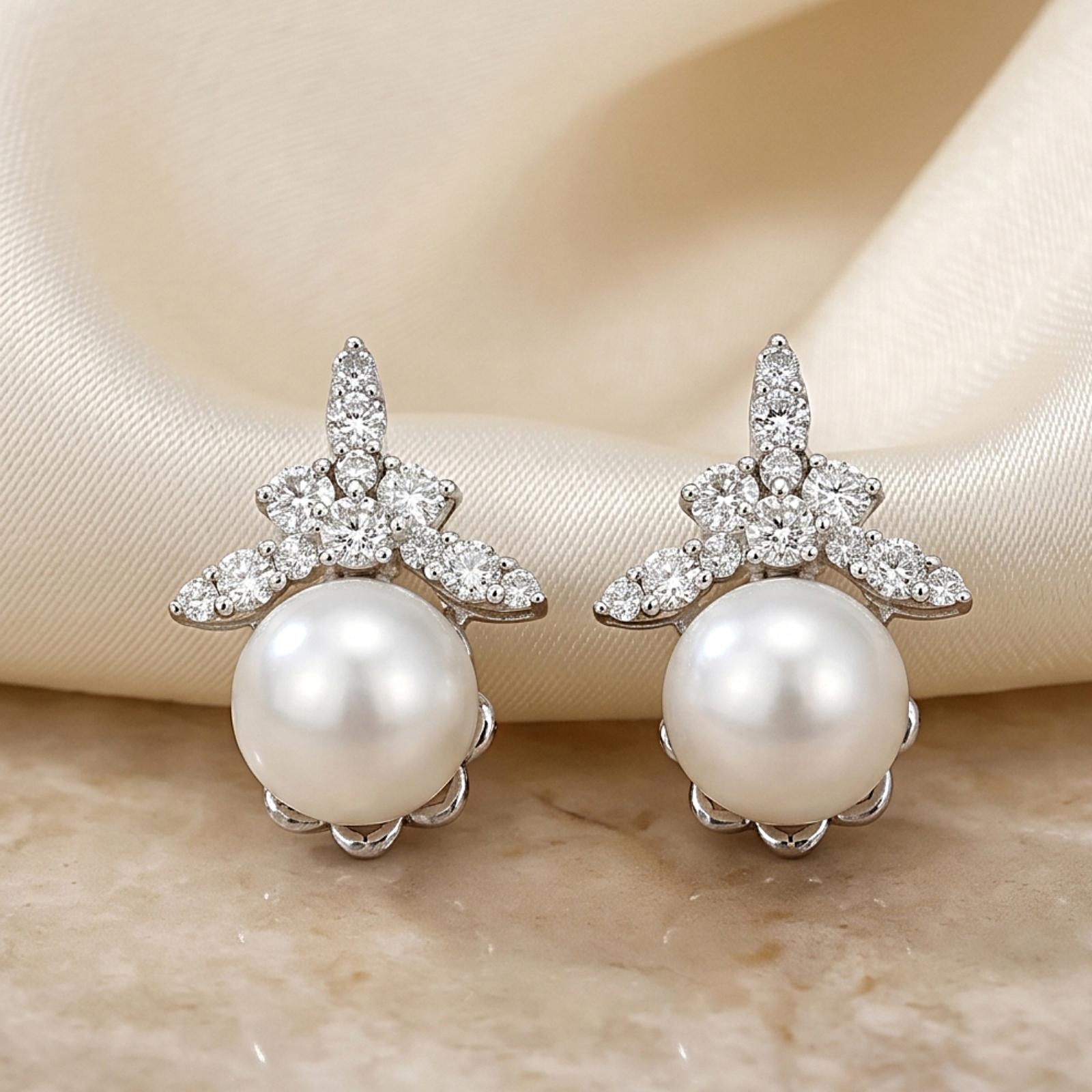 Beautiful 18K White Gold Natural Diamond Pearl Stud Earrings | IDT Certificate | Bafleh Jewellery - Image 3