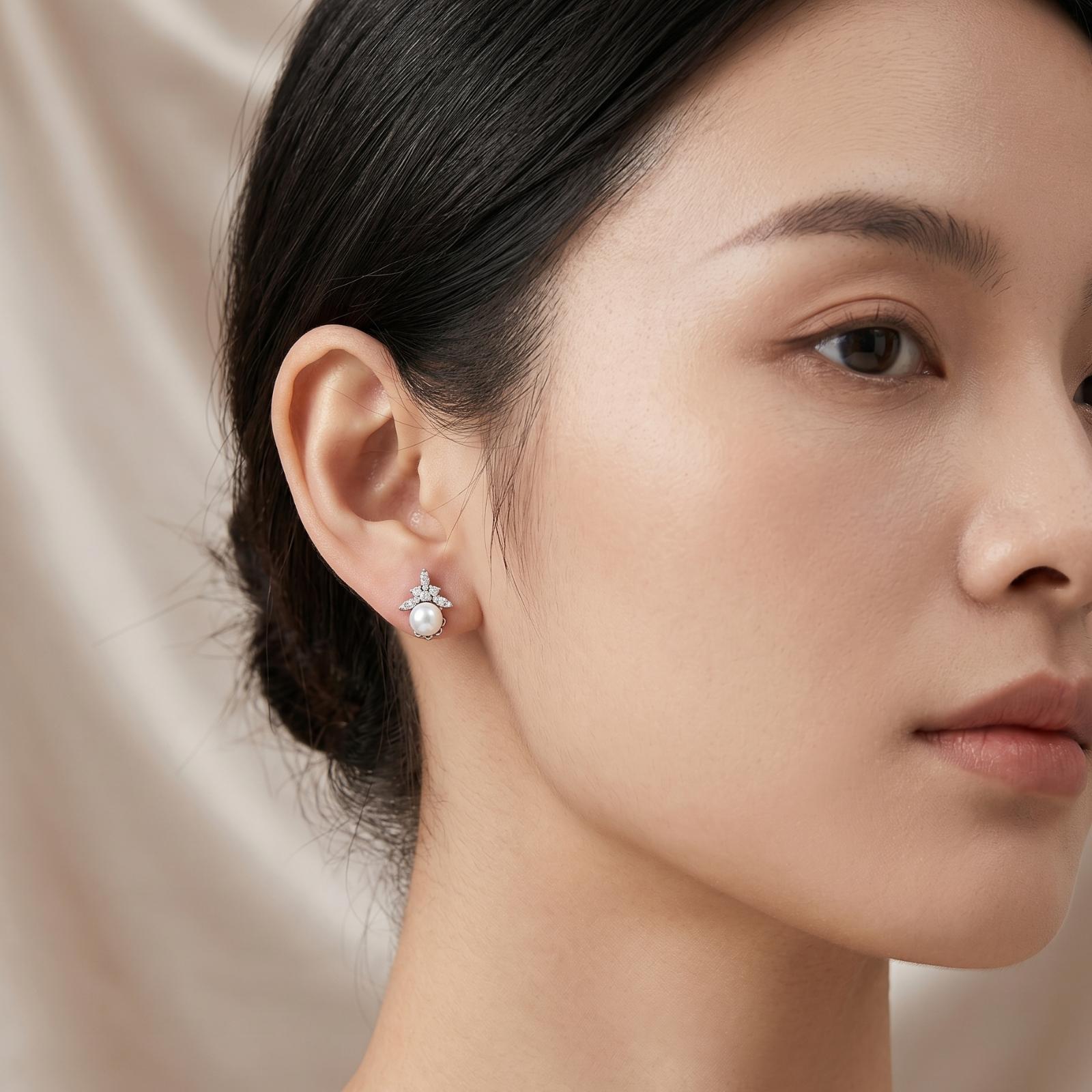 Beautiful 18K White Gold Natural Diamond Pearl Stud Earrings | IDT Certificate | Bafleh Jewellery - Image 5