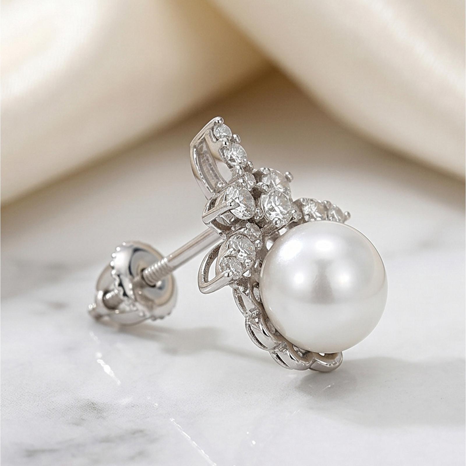Beautiful 18K White Gold Natural Diamond Pearl Stud Earrings | IDT Certificate | Bafleh Jewellery - Image 4