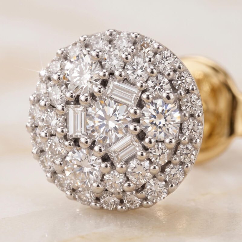 Alternative view of Bafleh Jewellery 18K Gold Round Cluster Stud Earrings with Baguette and Round Diamonds