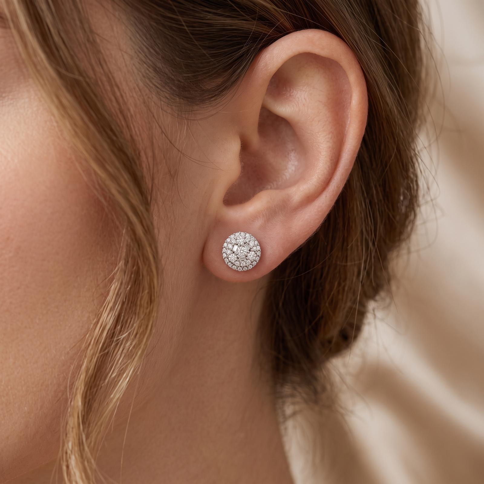 Bafleh Jewellery 18K Gold Round Cluster Stud Earrings with Baguette and Round Diamonds - Image 4