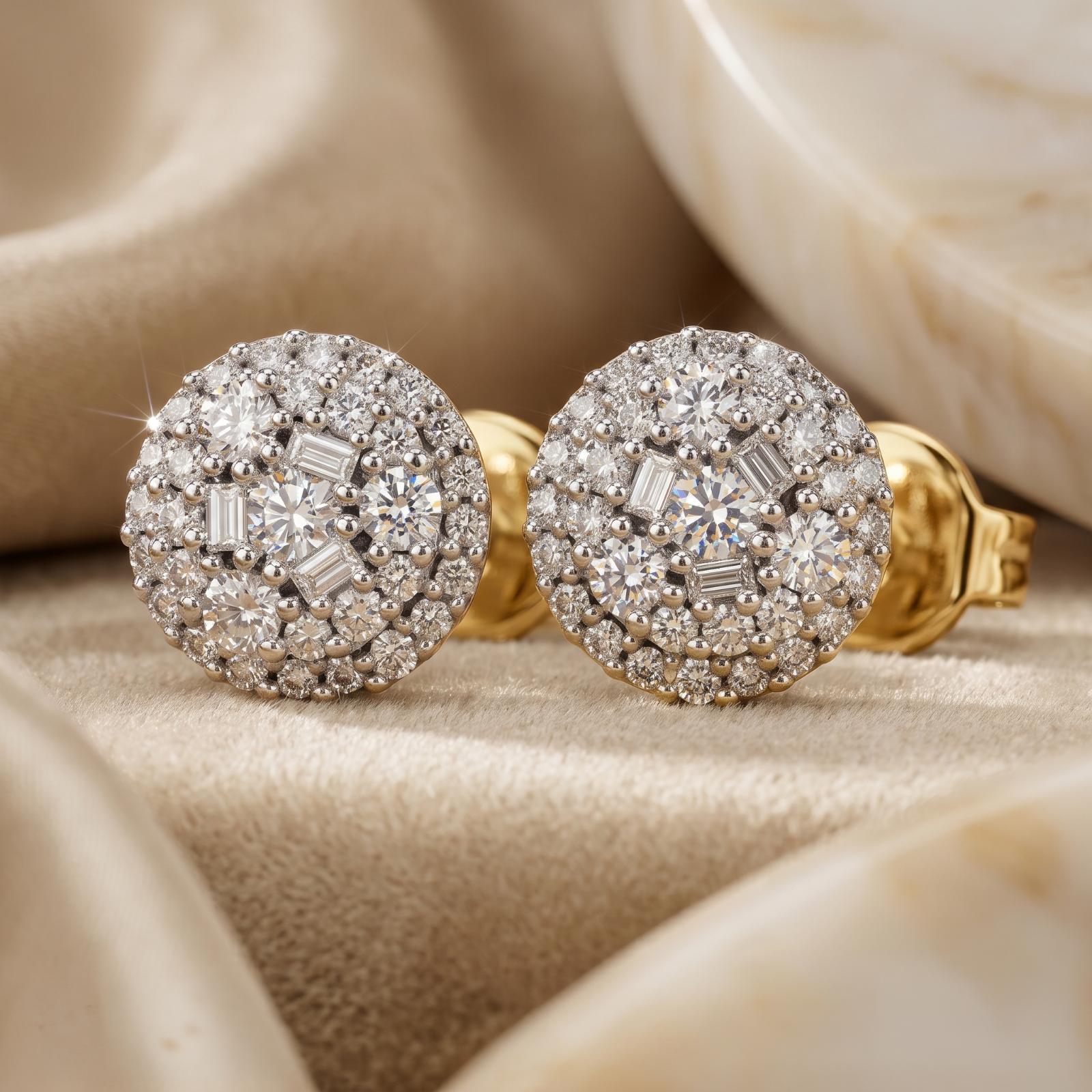 Bafleh Jewellery 18K Gold Round Cluster Stud Earrings with Baguette and Round Diamonds - Image 3
