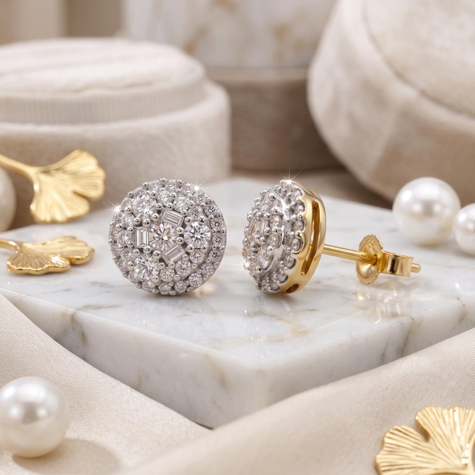 Bafleh Jewellery 18K Gold Round Cluster Stud Earrings with Baguette and Round Diamonds