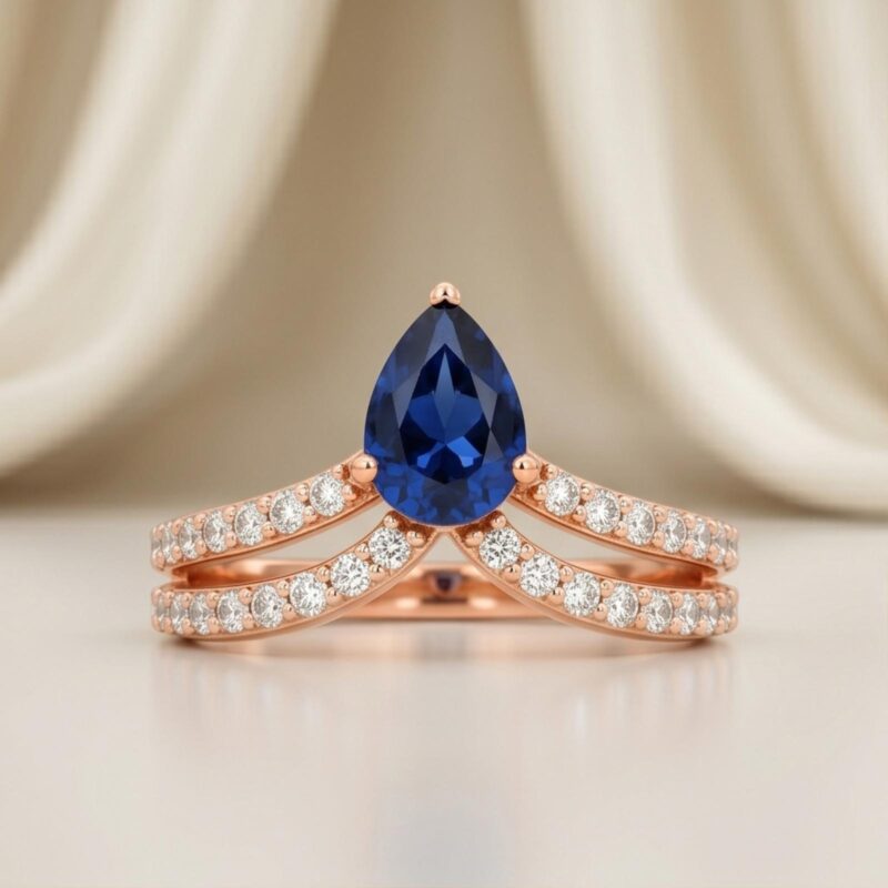 Royal Inspired 18K Rose Gold Blue Sapphire & Natural Diamond Ring Luxury Statement Piece for Every Occasion