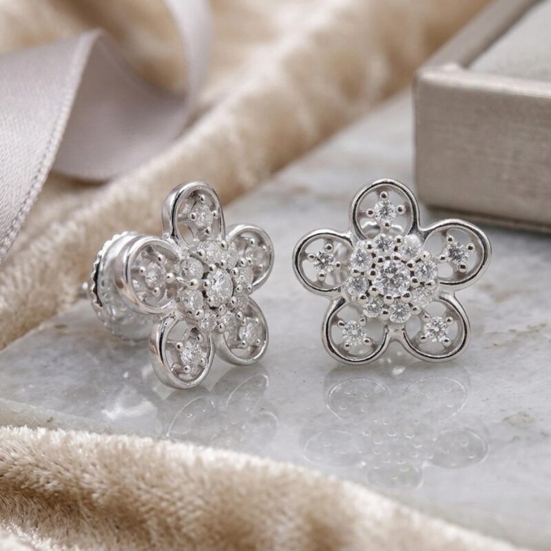 Bafleh Jewellery Diamond Flower Stud Earrings in 18K White Gold