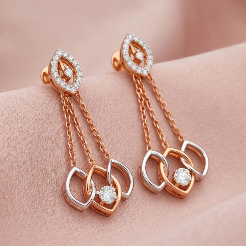Elegant 18K Two-Tone Gold Earrings White & Rose Gold Hanging Design with Natural Diamonds | Available at Bafleh Jewellery