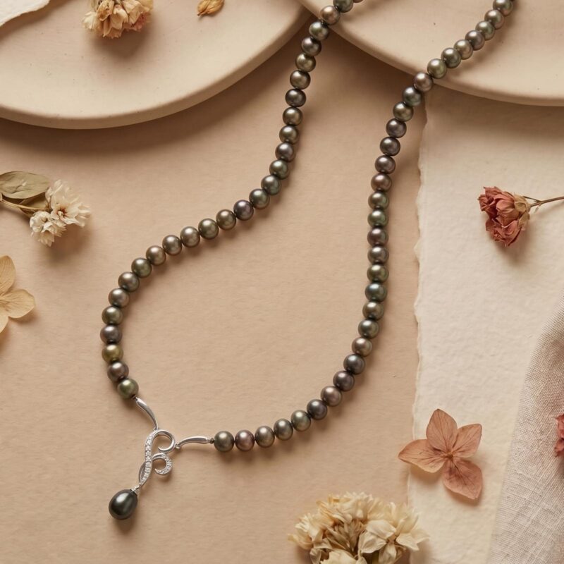 Elegant 18K White Gold Necklace with Black Pearl & Natural Diamonds by Bafleh Jewellery