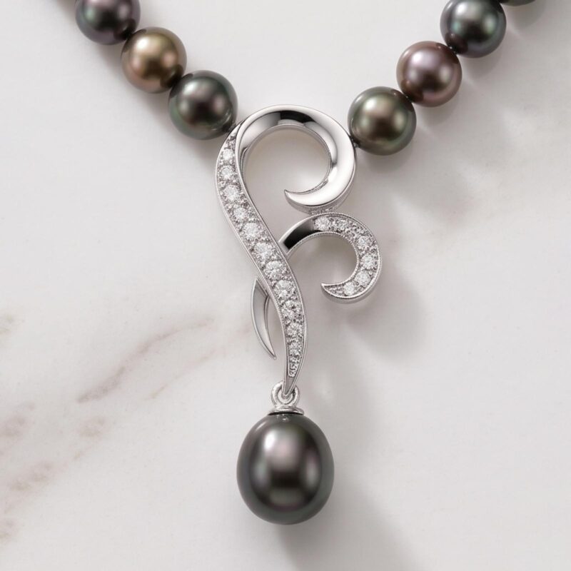 Alternative view of Elegant 18K White Gold Necklace with Black Pearl & Natural Diamonds by Bafleh Jewellery