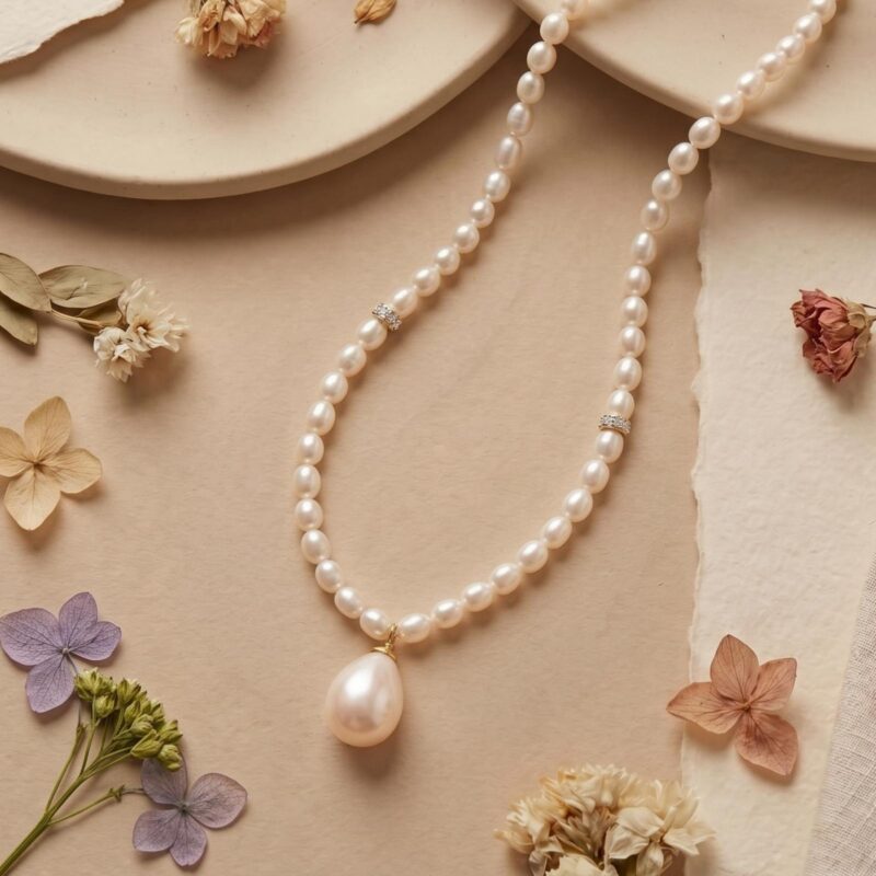 Elegant 18K White Gold Pearl & Natural Diamond Necklace by Bafleh Jewellery